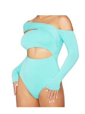 naked wardrobe teal off-shoulder cutout bodysuit